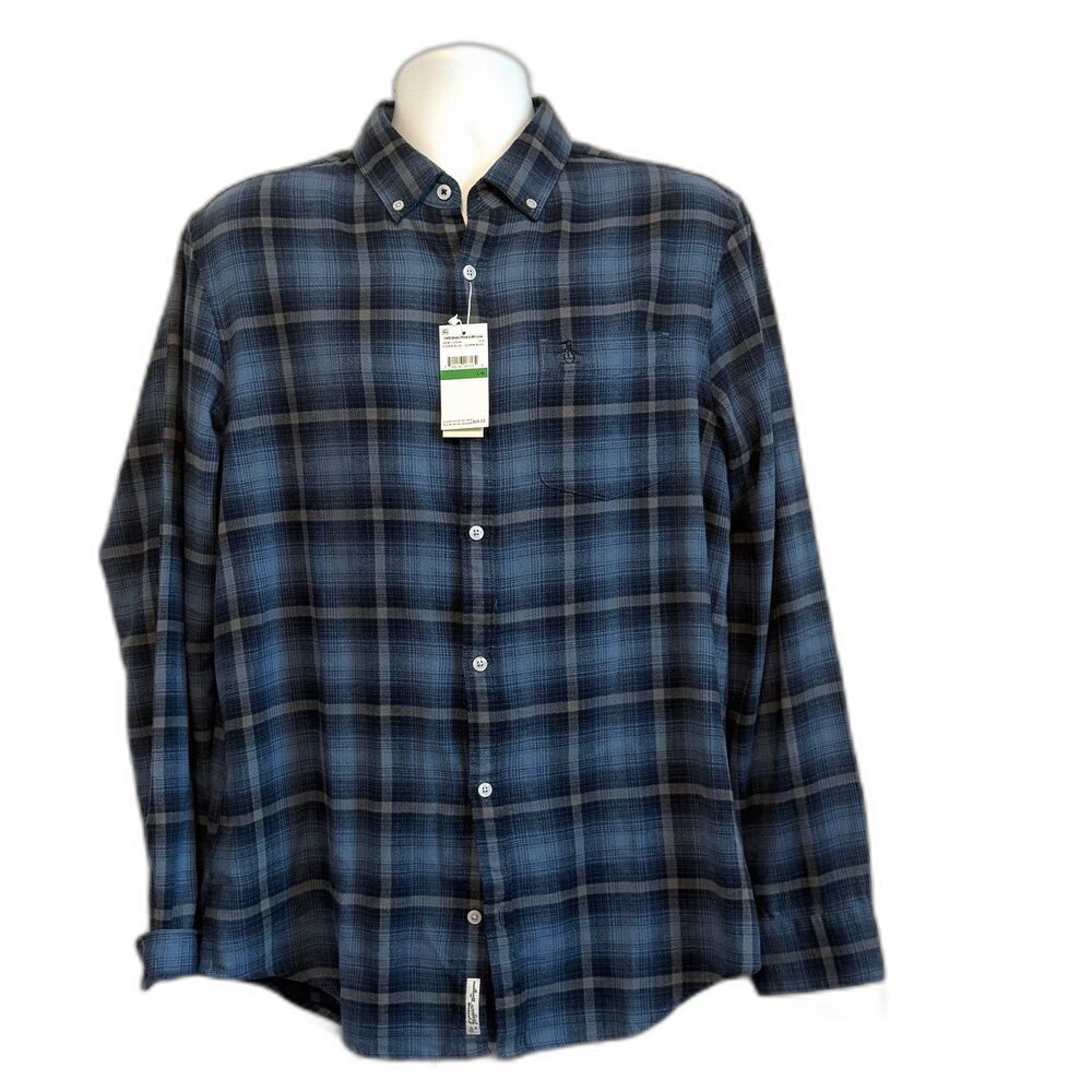 Original Penguin Men's Large Shirt Copen Blue Plaid Heritage Slim Fit Cotton NWT